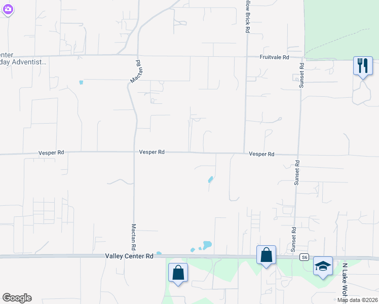map of restaurants, bars, coffee shops, grocery stores, and more near 15654 Vesper Road in Valley Center