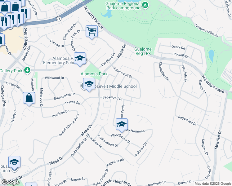 map of restaurants, bars, coffee shops, grocery stores, and more near 5209 Rosewood Drive in Oceanside