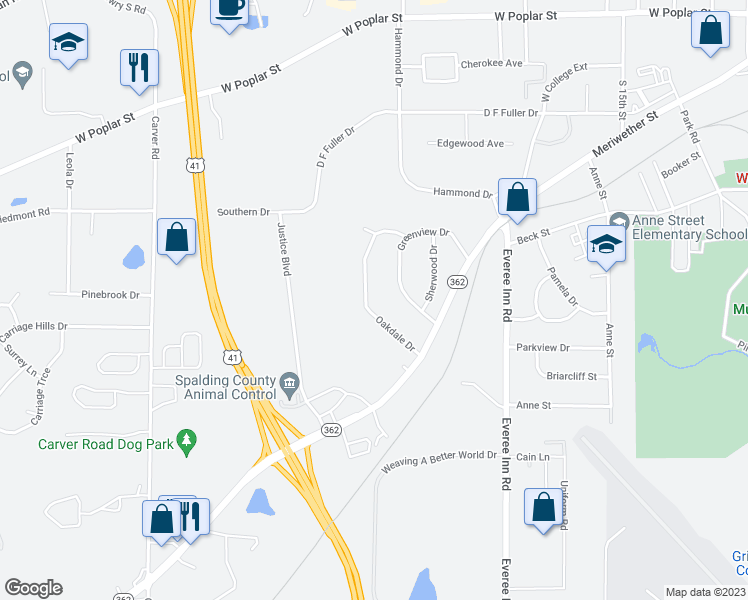 map of restaurants, bars, coffee shops, grocery stores, and more near 1340 Oakdale Drive in Griffin