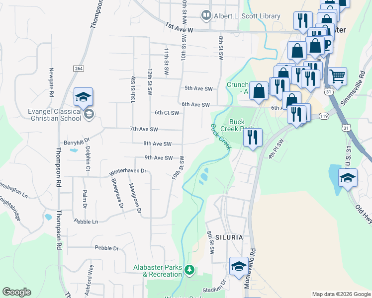 map of restaurants, bars, coffee shops, grocery stores, and more near 100 Oakbrooke Lane in Alabaster