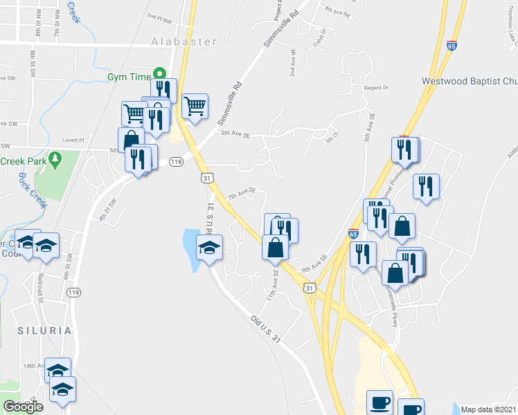 map of restaurants, bars, coffee shops, grocery stores, and more near 220 7th Avenue Southeast in Alabaster