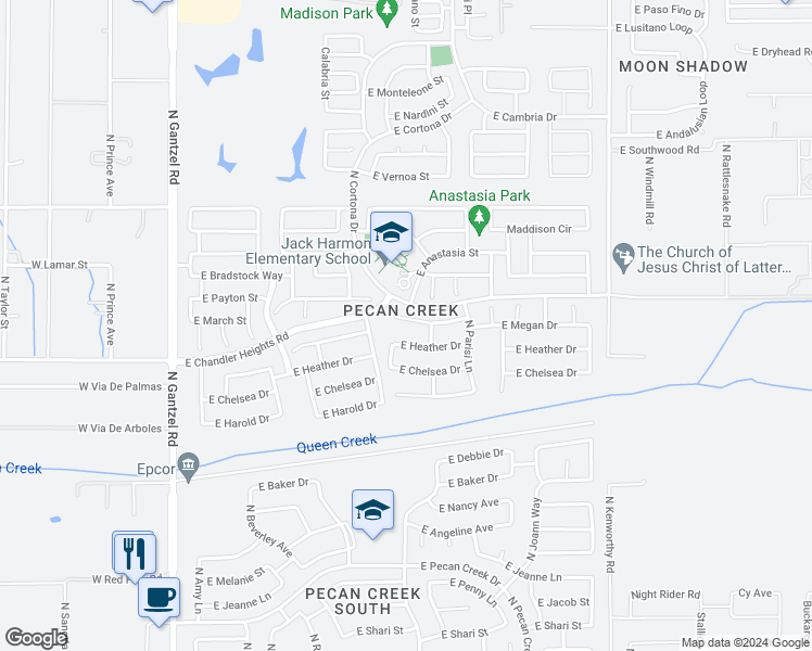 map of restaurants, bars, coffee shops, grocery stores, and more near 1079 East March Street in San Tan Valley