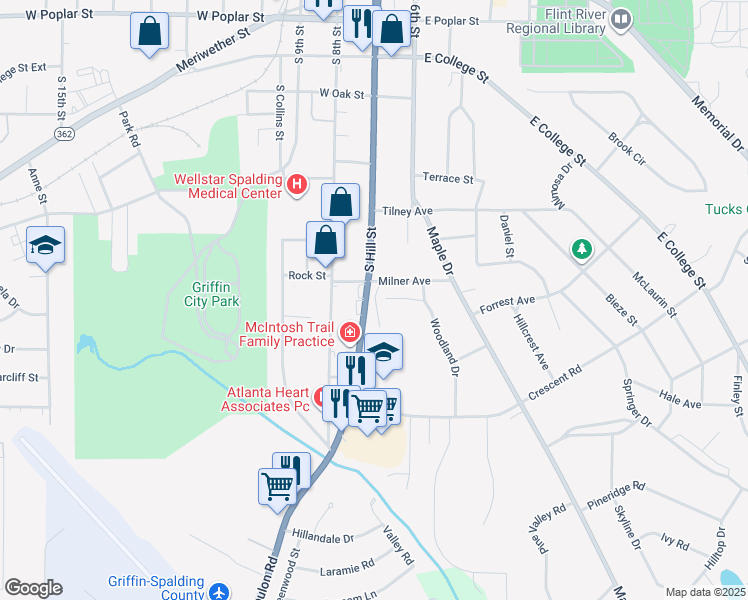 map of restaurants, bars, coffee shops, grocery stores, and more near 708 South Hill Street in Griffin