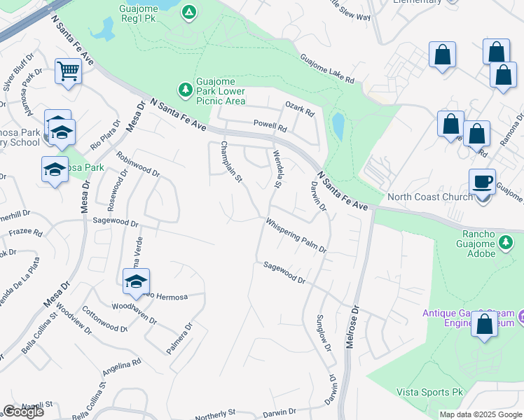 map of restaurants, bars, coffee shops, grocery stores, and more near 5203 Champlain Street in Oceanside