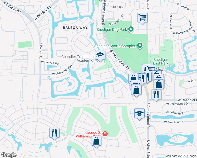 map of restaurants, bars, coffee shops, grocery stores, and more near 1482 West Blue Ridge Way in Chandler