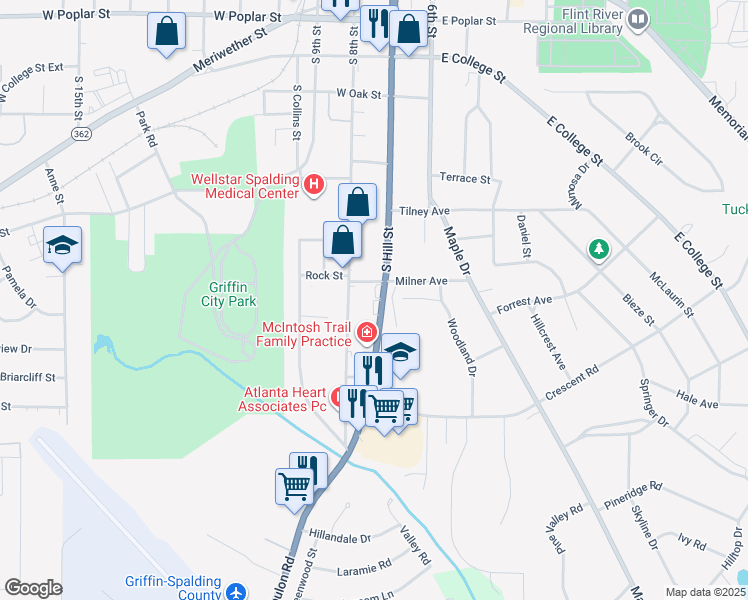 map of restaurants, bars, coffee shops, grocery stores, and more near 708 South Hill Street in Griffin