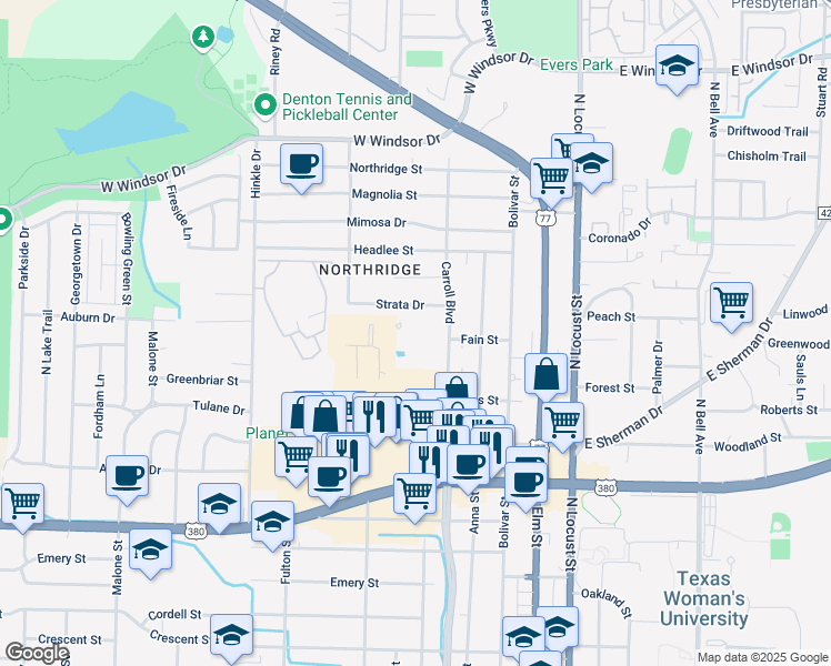 map of restaurants, bars, coffee shops, grocery stores, and more near 2229 North Carroll Boulevard in Denton