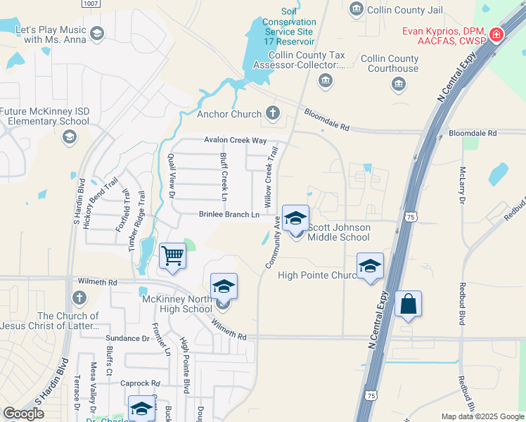 map of restaurants, bars, coffee shops, grocery stores, and more near 3501 Willow Creek Trail in McKinney