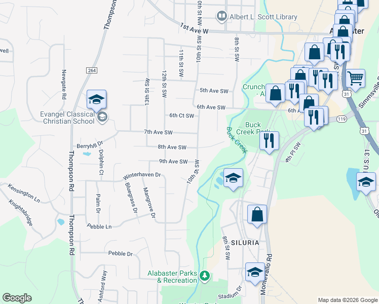 map of restaurants, bars, coffee shops, grocery stores, and more near 100 Oakbrooke Lane in Alabaster