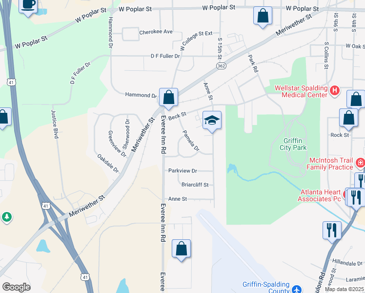 map of restaurants, bars, coffee shops, grocery stores, and more near 1112 George Circle in Griffin