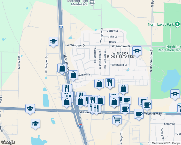 map of restaurants, bars, coffee shops, grocery stores, and more near 2900 Thunderbird Drive in Denton