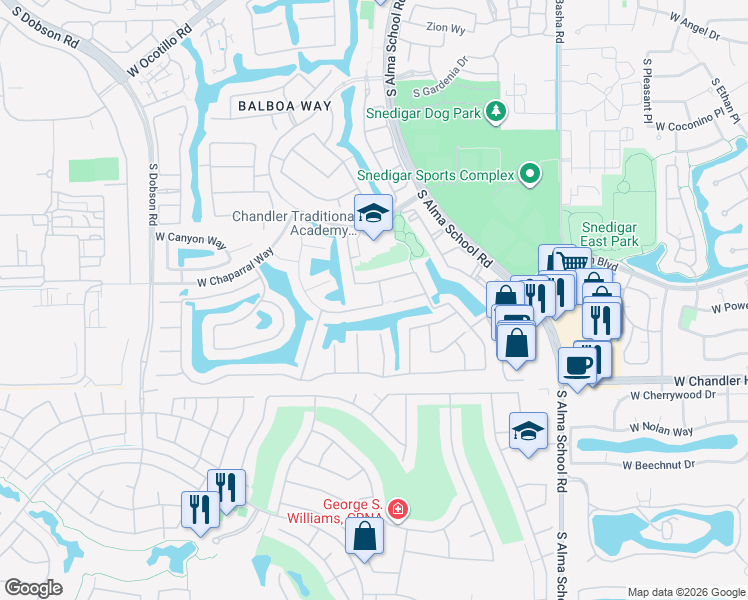 map of restaurants, bars, coffee shops, grocery stores, and more near 1482 West Blue Ridge Way in Chandler