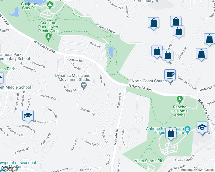 map of restaurants, bars, coffee shops, grocery stores, and more near 1064 Darwin Drive in Oceanside