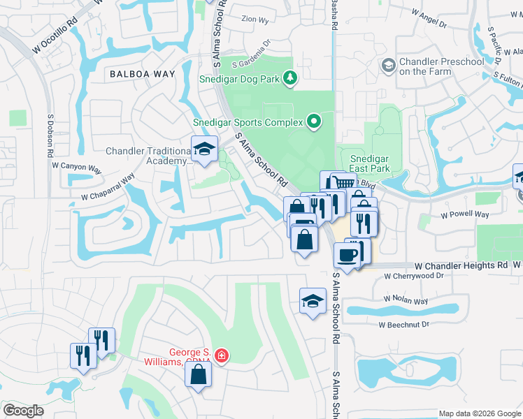 map of restaurants, bars, coffee shops, grocery stores, and more near 4861 South Vista Place in Chandler