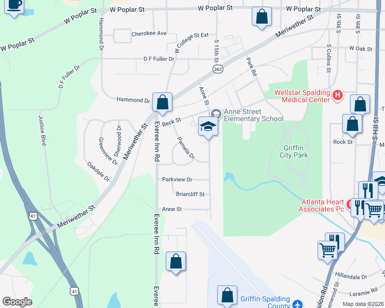 map of restaurants, bars, coffee shops, grocery stores, and more near 832 Pamela Drive in Griffin