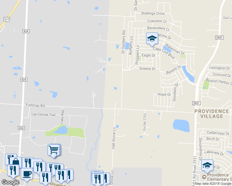 map of restaurants, bars, coffee shops, grocery stores, and more near 10209 Fishtrap Road in Aubrey