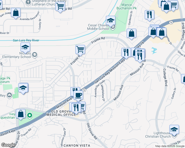 map of restaurants, bars, coffee shops, grocery stores, and more near 4477 White Pine Way in Oceanside
