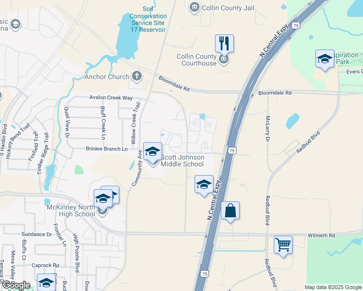 map of restaurants, bars, coffee shops, grocery stores, and more near 3521 James Pitts Drive in McKinney