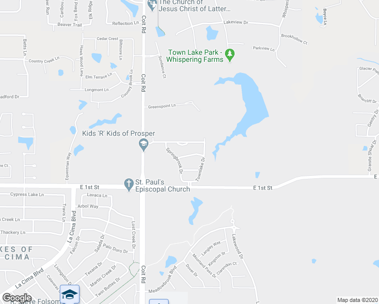 map of restaurants, bars, coffee shops, grocery stores, and more near 2601 Cedarbrook Lane in Prosper