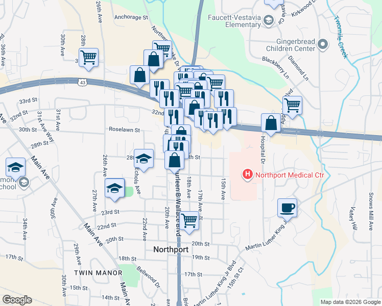 map of restaurants, bars, coffee shops, grocery stores, and more near 1801 28th Street in Northport