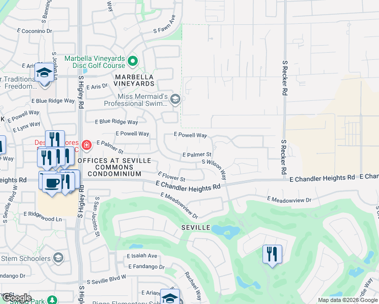 map of restaurants, bars, coffee shops, grocery stores, and more near 3645 East Palmer Street in Gilbert