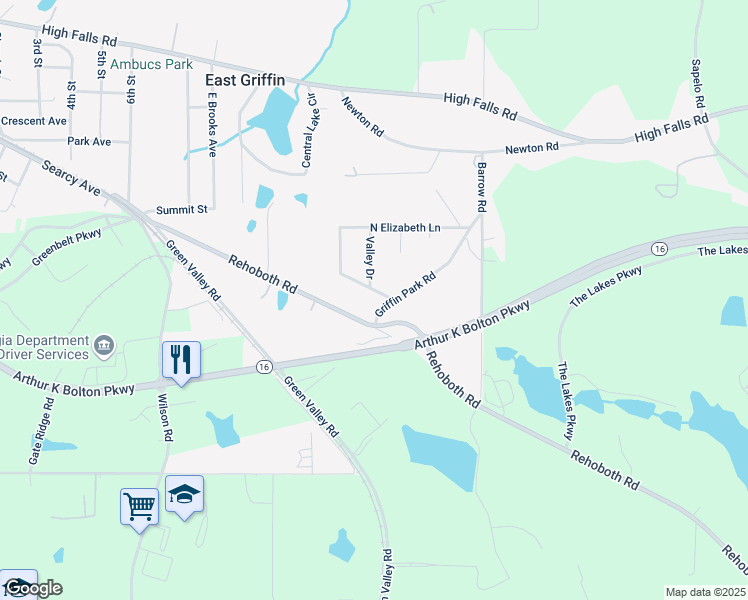 map of restaurants, bars, coffee shops, grocery stores, and more near 304 Elizabeth Lane in Griffin