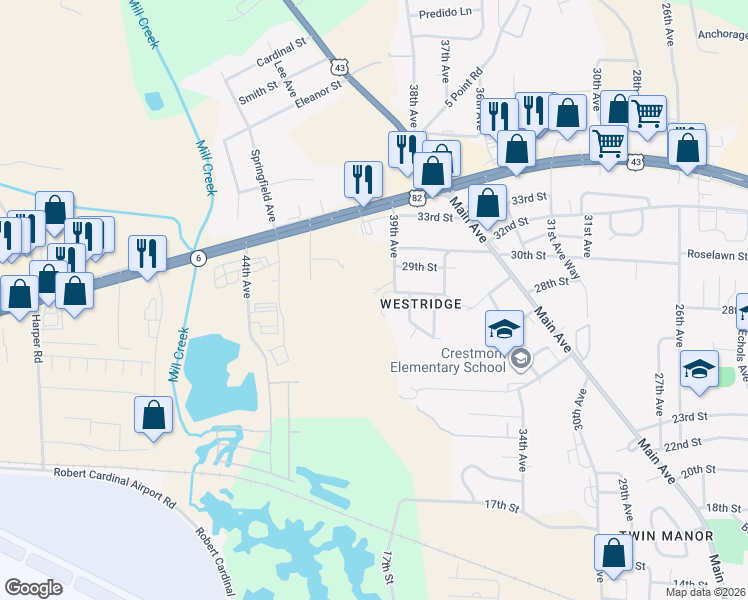 map of restaurants, bars, coffee shops, grocery stores, and more near 3905 28th Street in Northport