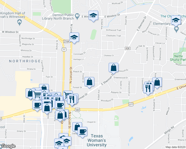 map of restaurants, bars, coffee shops, grocery stores, and more near 326 Peach Street in Denton