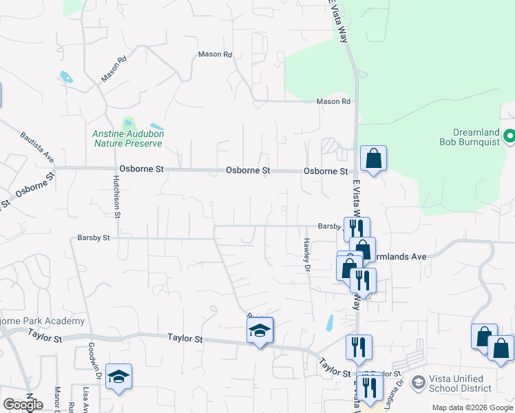 map of restaurants, bars, coffee shops, grocery stores, and more near 804 Barsby Street in Vista