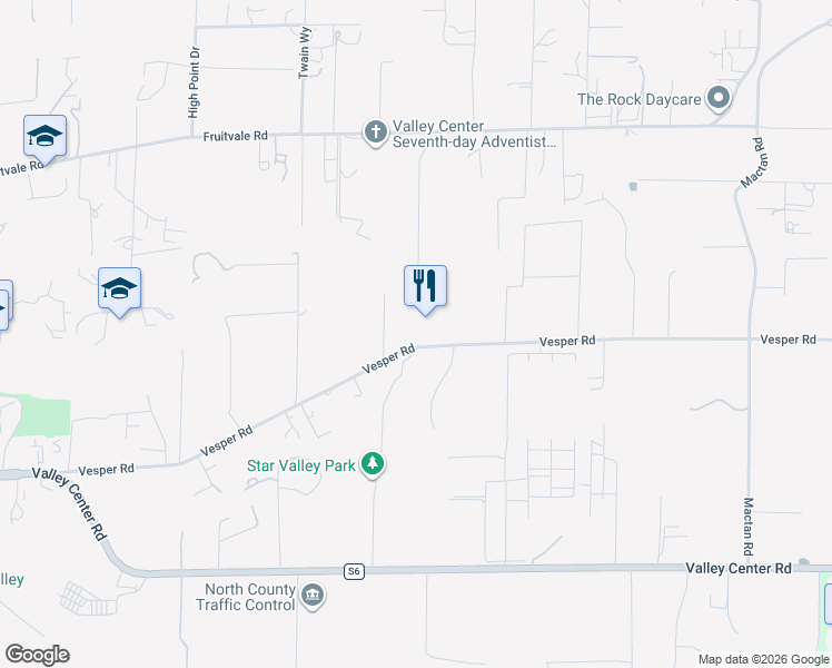map of restaurants, bars, coffee shops, grocery stores, and more near 15010 Vesper Road in Valley Center