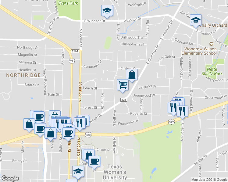 map of restaurants, bars, coffee shops, grocery stores, and more near 2356 North Bell Avenue in Denton