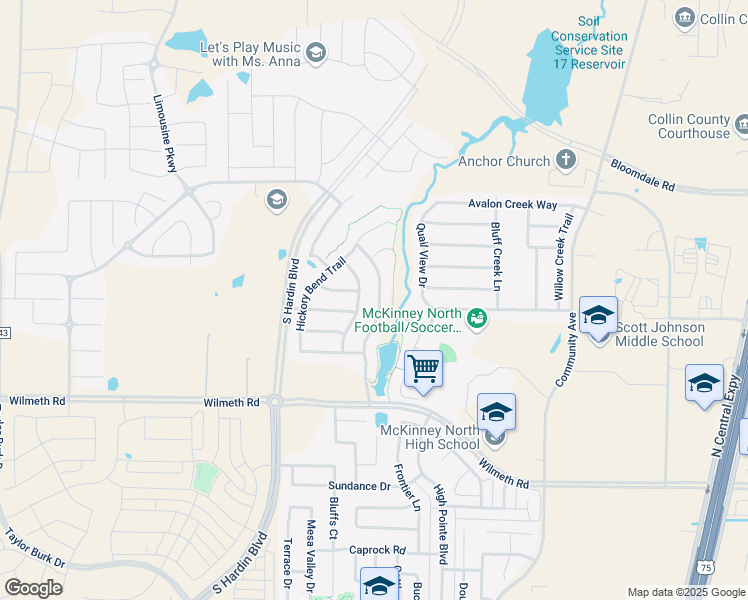 map of restaurants, bars, coffee shops, grocery stores, and more near 3405 Timber Ridge Trail in McKinney