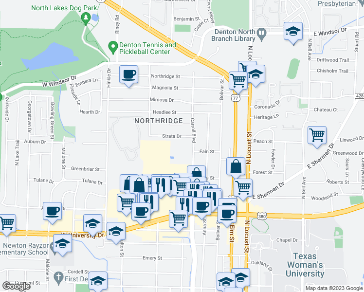 map of restaurants, bars, coffee shops, grocery stores, and more near 2229 North Carroll Boulevard in Denton
