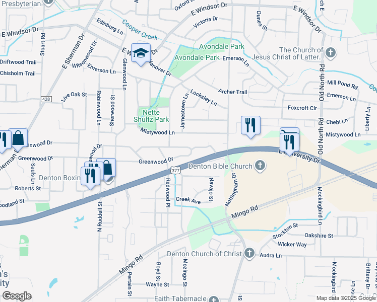 map of restaurants, bars, coffee shops, grocery stores, and more near 1818 Greenwood Drive in Denton