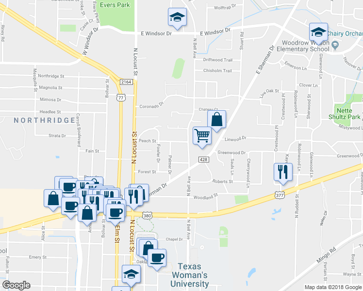 map of restaurants, bars, coffee shops, grocery stores, and more near 2219 North Bell Avenue in Denton