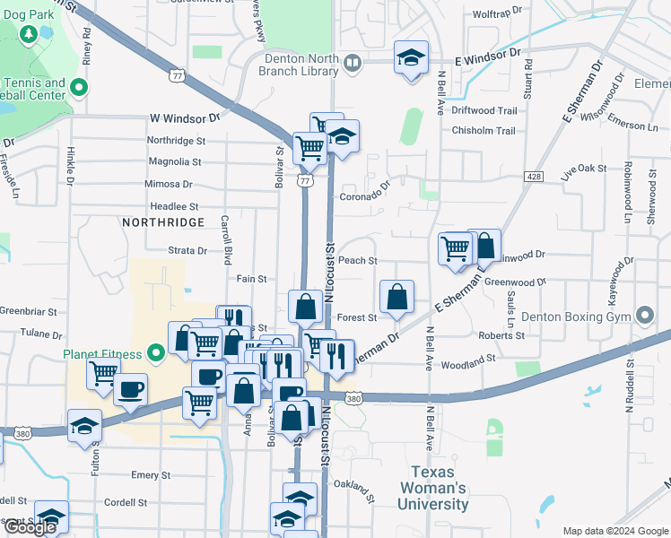 map of restaurants, bars, coffee shops, grocery stores, and more near 114 Owens Lane in Denton