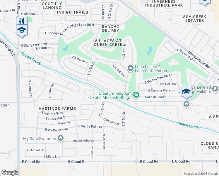 map of restaurants, bars, coffee shops, grocery stores, and more near 21401 East Calle de Flores in Queen Creek