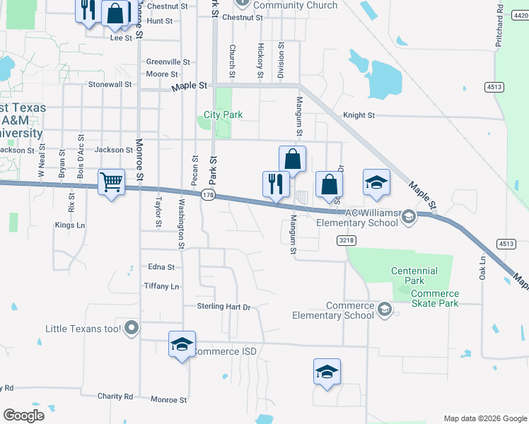 map of restaurants, bars, coffee shops, grocery stores, and more near 801 Culver Street in Commerce
