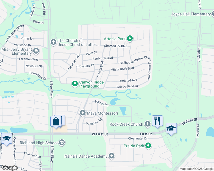 map of restaurants, bars, coffee shops, grocery stores, and more near 16305 Toledo Bend Court in Prosper