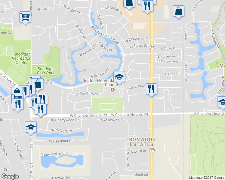 map of restaurants, bars, coffee shops, grocery stores, and more near 4750 South Sunland Drive in Chandler