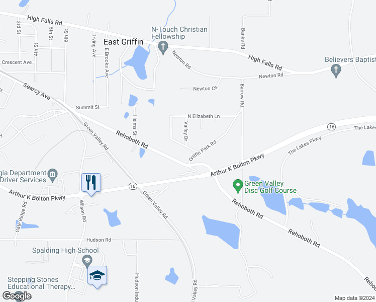 map of restaurants, bars, coffee shops, grocery stores, and more near 304 Elizabeth Lane in Griffin
