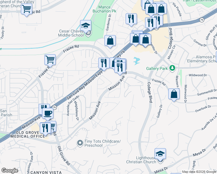 map of restaurants, bars, coffee shops, grocery stores, and more near 4737 Ventana Way in Oceanside