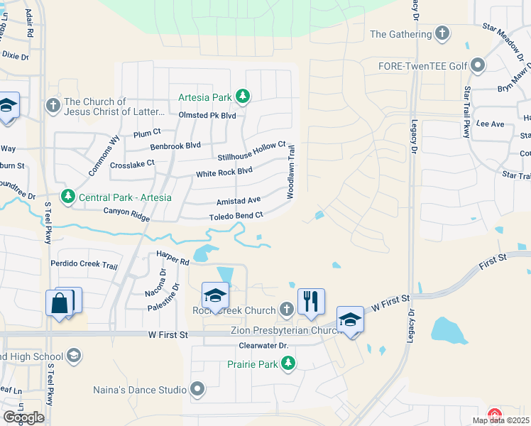 map of restaurants, bars, coffee shops, grocery stores, and more near 16528 Toledo Bend Court in Prosper