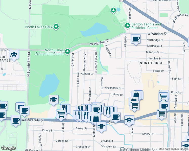 map of restaurants, bars, coffee shops, grocery stores, and more near 1401 Auburn Drive in Denton