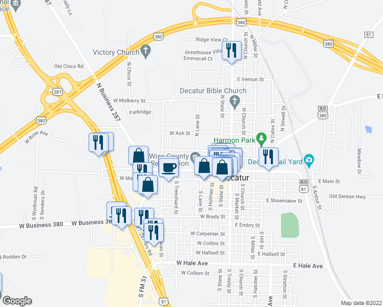map of restaurants, bars, coffee shops, grocery stores, and more near 405 West Oak Street in Decatur