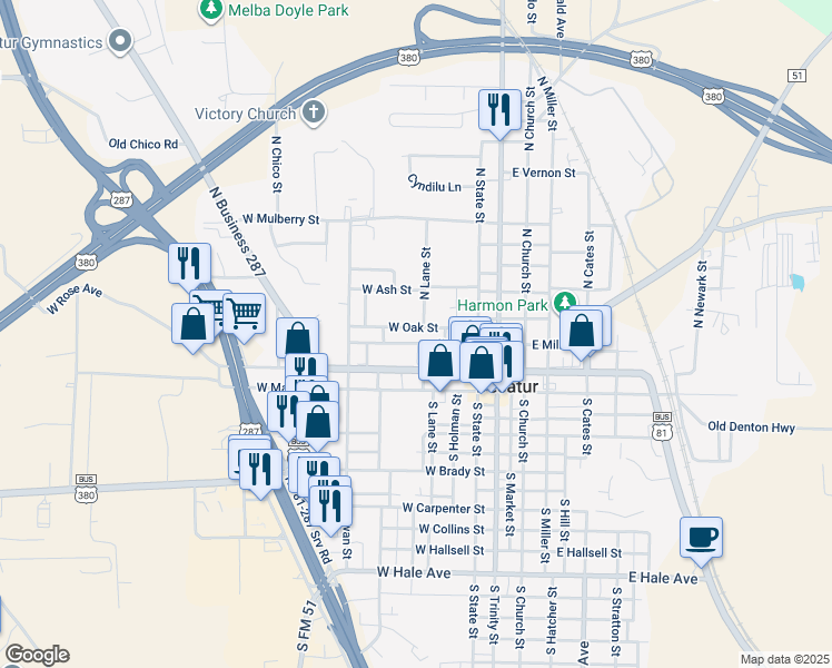 map of restaurants, bars, coffee shops, grocery stores, and more near 403 West Oak Street in Decatur