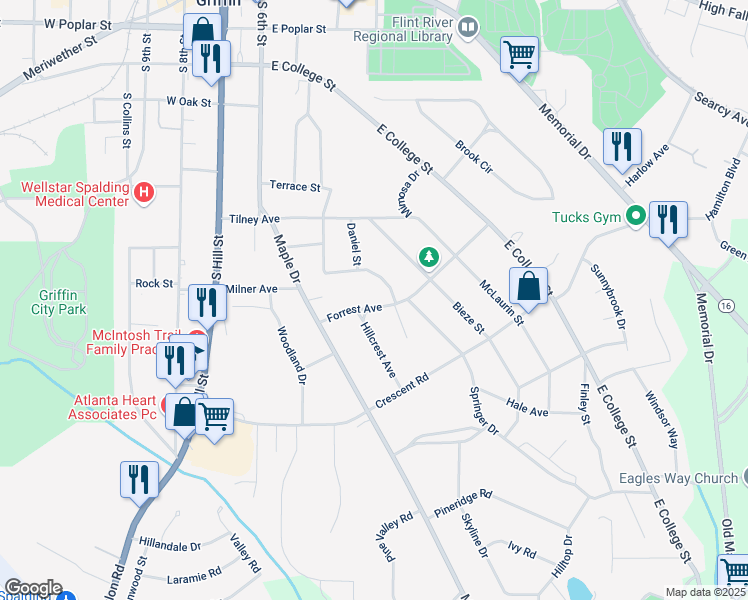 map of restaurants, bars, coffee shops, grocery stores, and more near 813 Hillcrest Avenue in Griffin
