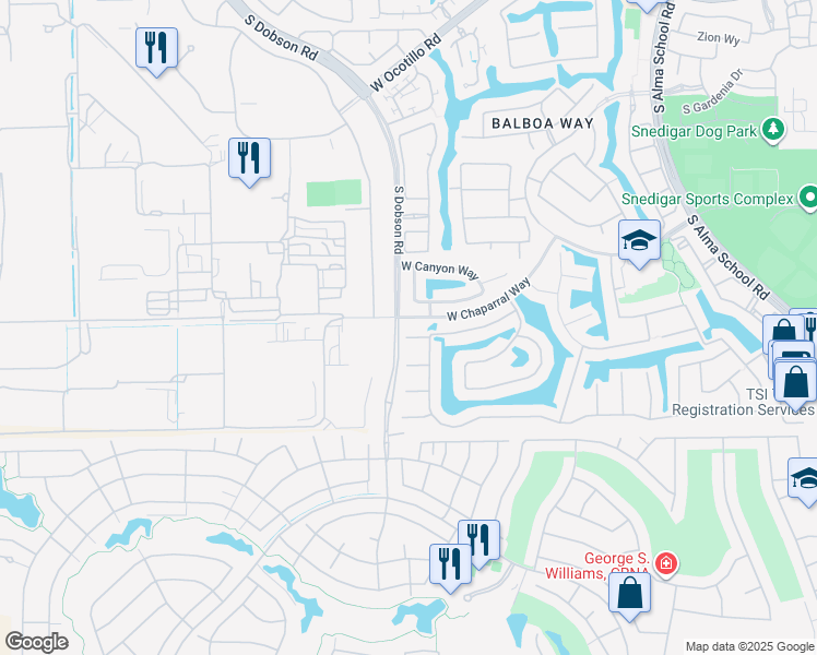 map of restaurants, bars, coffee shops, grocery stores, and more near 1972 West Mead Court in Chandler