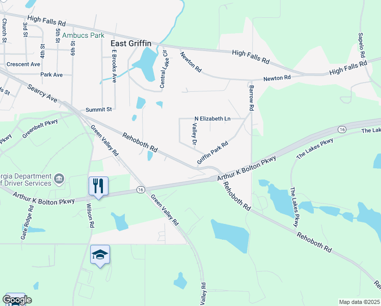 map of restaurants, bars, coffee shops, grocery stores, and more near 308 Elizabeth Lane in Griffin