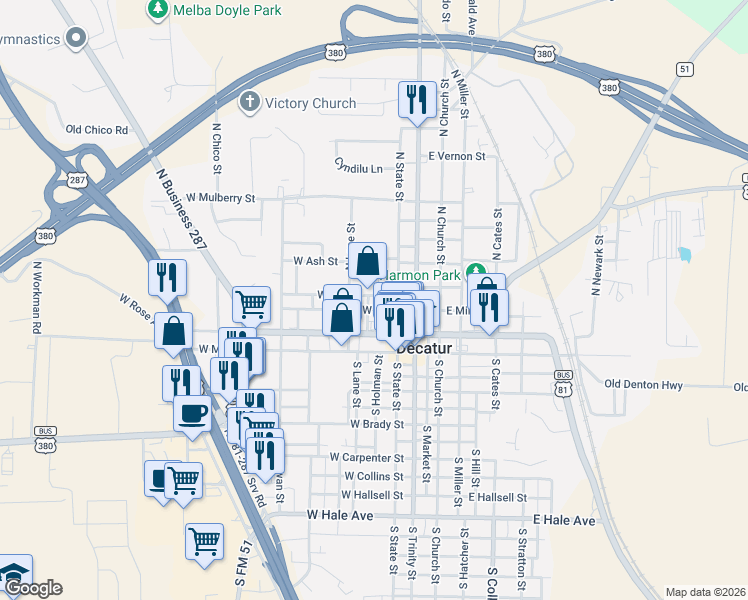 map of restaurants, bars, coffee shops, grocery stores, and more near 206 North Lane Street in Decatur
